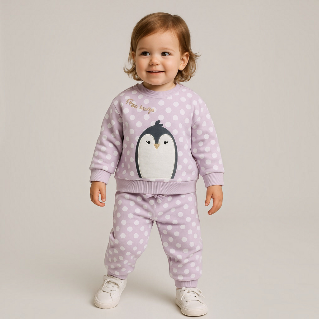 victor and jane toddler girl 2-piece set in lavender with white polka dots, penguin graphic, and free hugs text