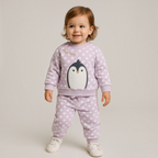 victor and jane toddler girl 2-piece set in lavender with white polka dots, penguin graphic, and free hugs text
