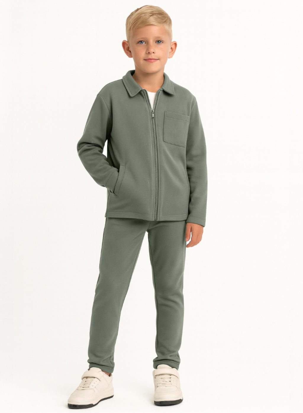 Victor And Jane Cotton Full Sleeves Jacket With Joggers Co-Ords Set - Olive Green