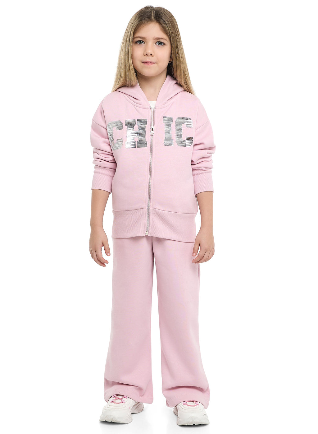 Girls Chic Sequin Fleece Tracksuit “ Pink 2-Piece Set