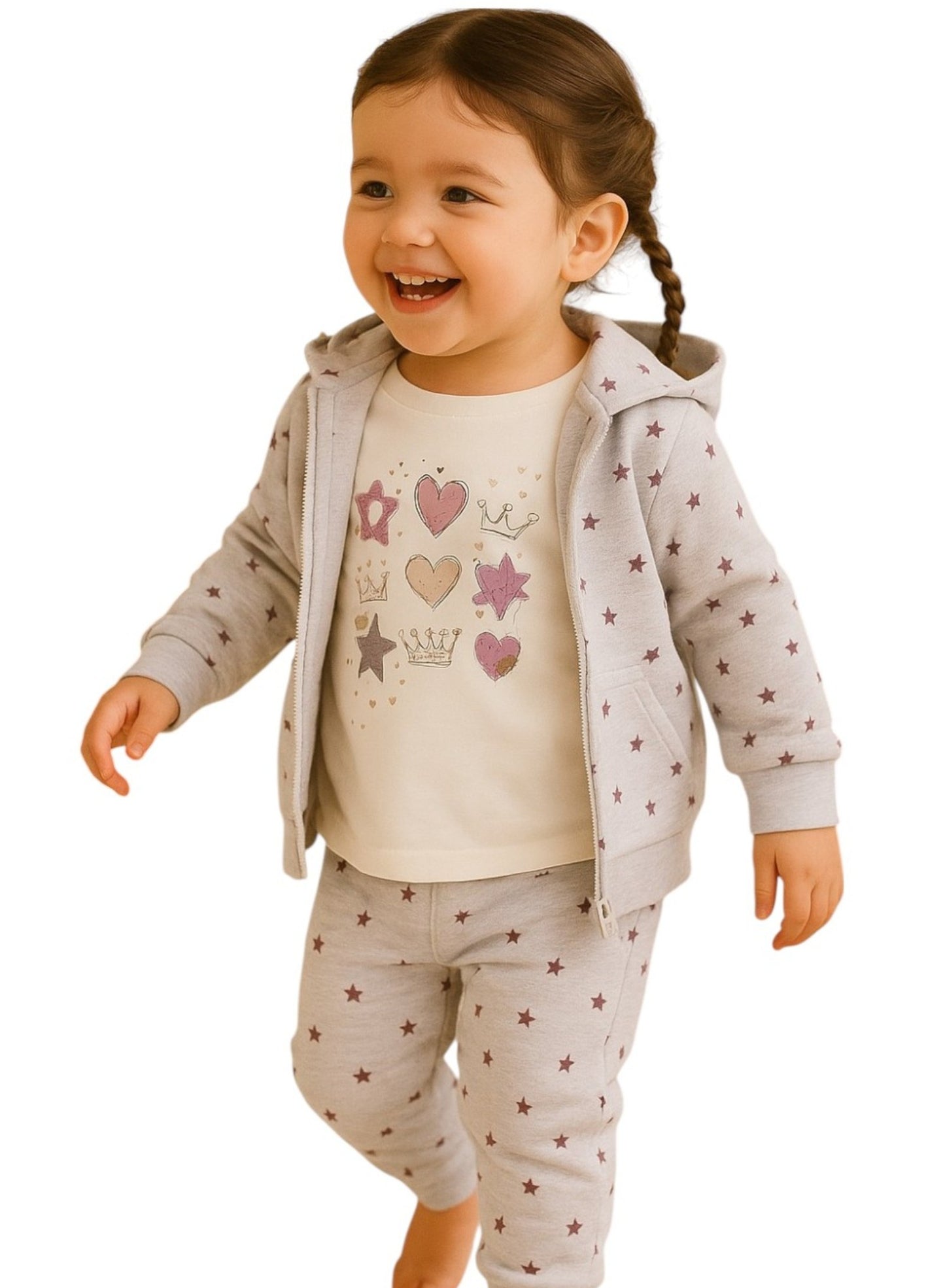 Baby Girl Heart & Star Cotton Fleece 3-Piece Set – Light Grey & Pink