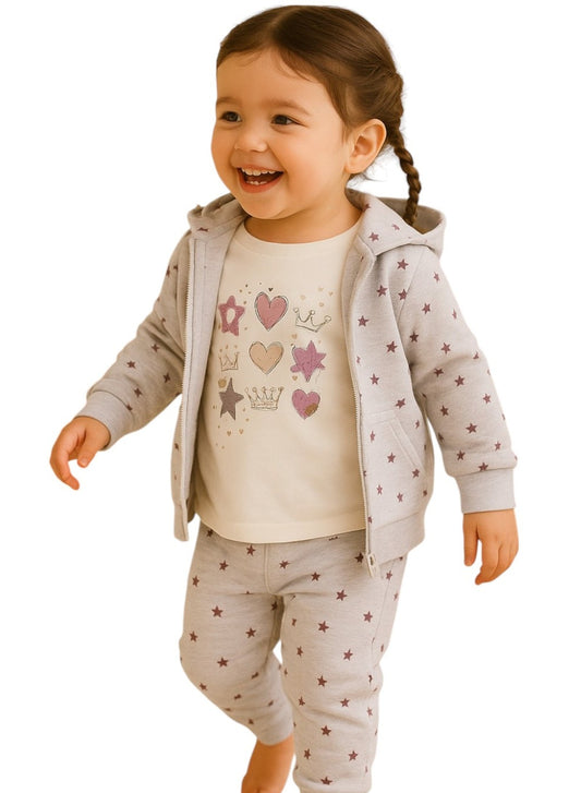 Baby Girl Heart & Star Cotton Fleece 3-Piece Set – Light Grey & Pink