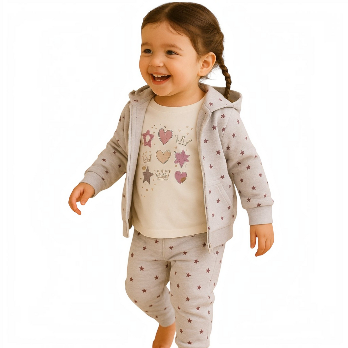 victor and jane 3-piece set for girls featuring a grey star-print zip-up hoodie, matching joggers, and graphic tee.