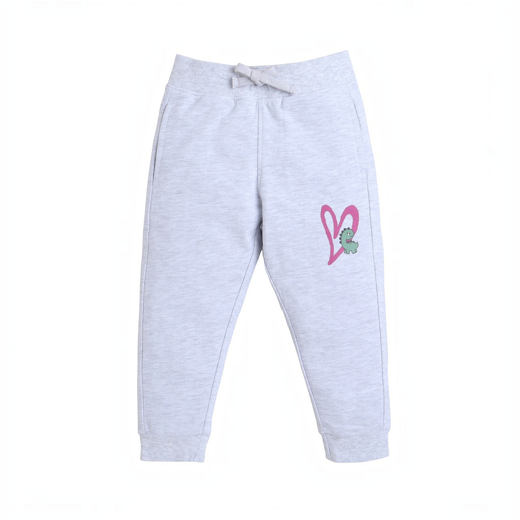 victor and jane light grey cotton joggers for girls featuring a pink heart and green dinosaur graphic print