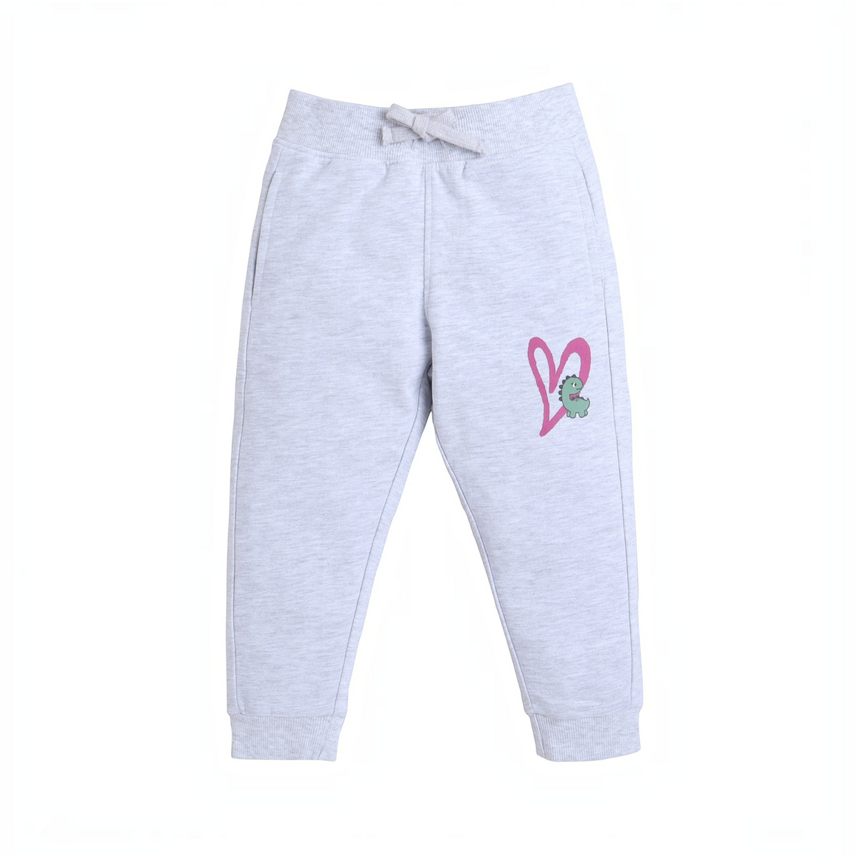 victor and jane light grey cotton joggers for girls featuring a pink heart and green dinosaur graphic print