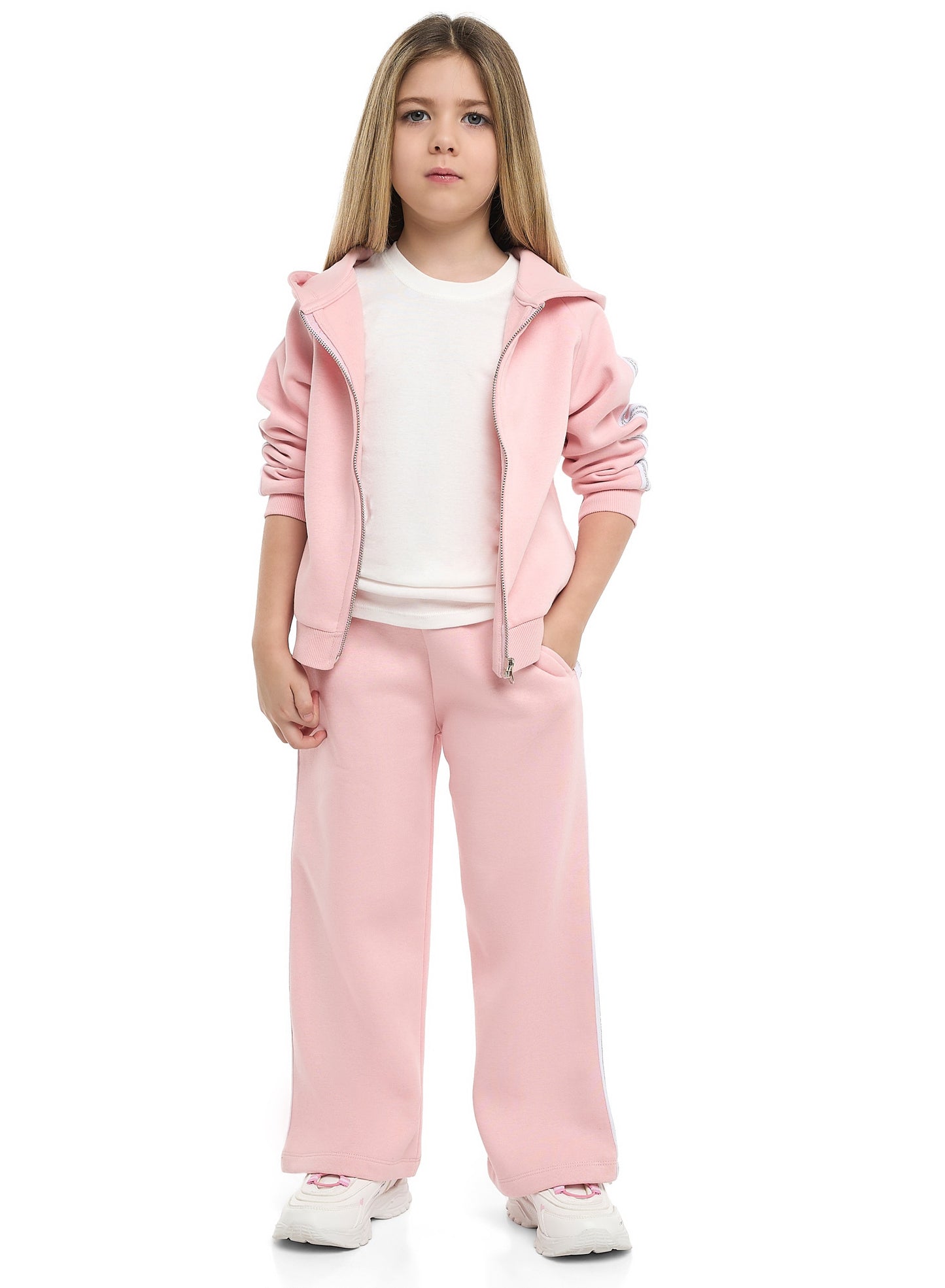 Girls Retro Stripe Fleece Tracksuit – Pink 2-Piece Set