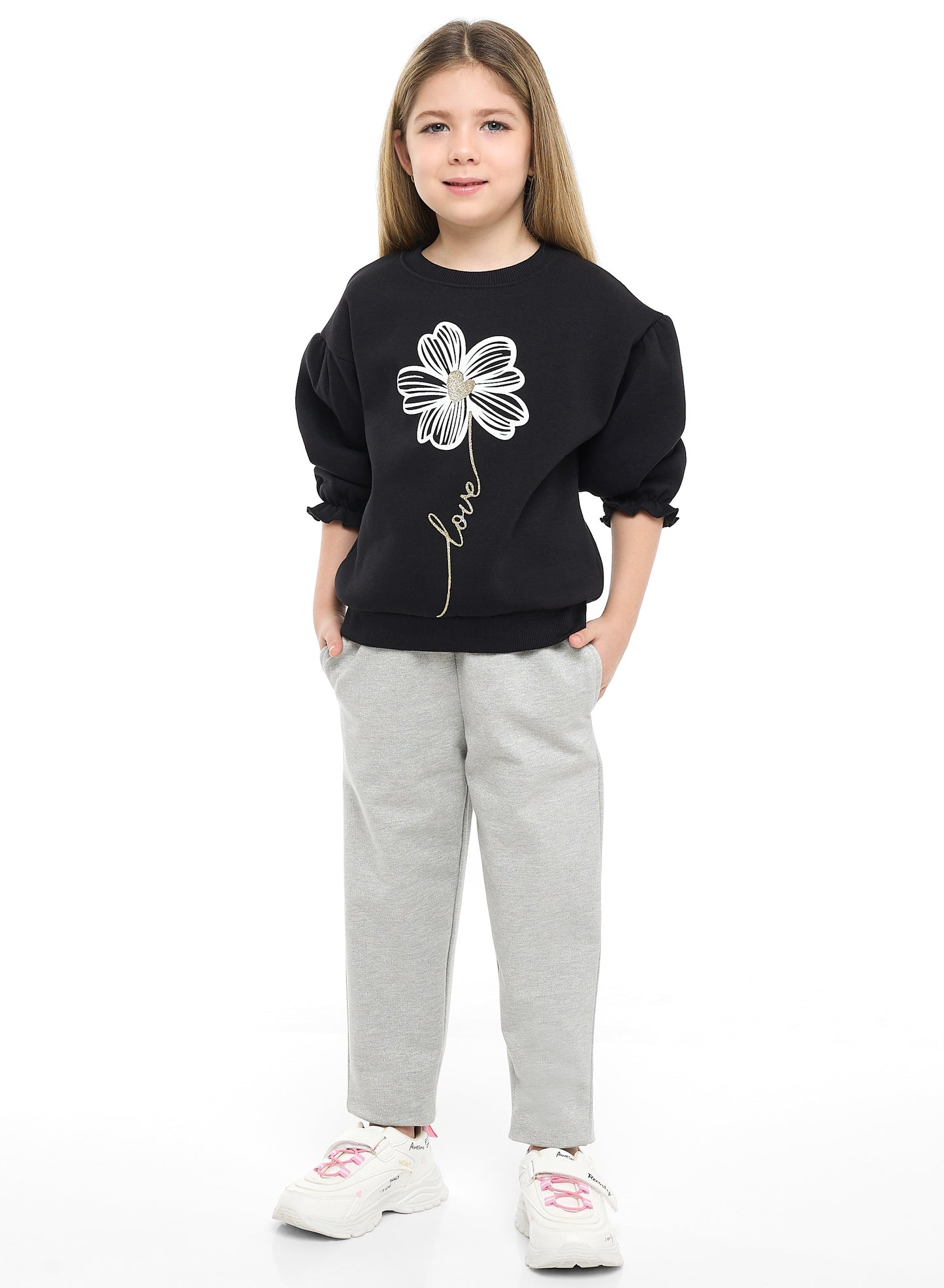 Girls Love Flower Fleece Tracksuit – Black & Grey 2-Piece Set