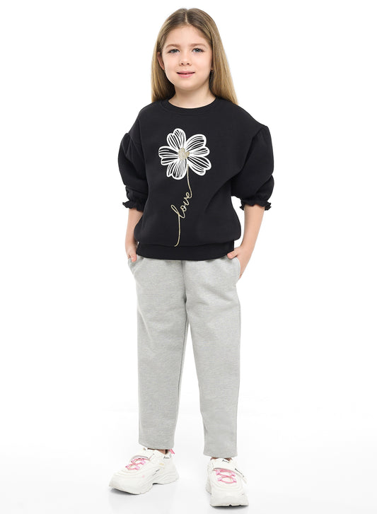 Girls Love Flower Fleece Tracksuit – Black & Grey 2-Piece Set