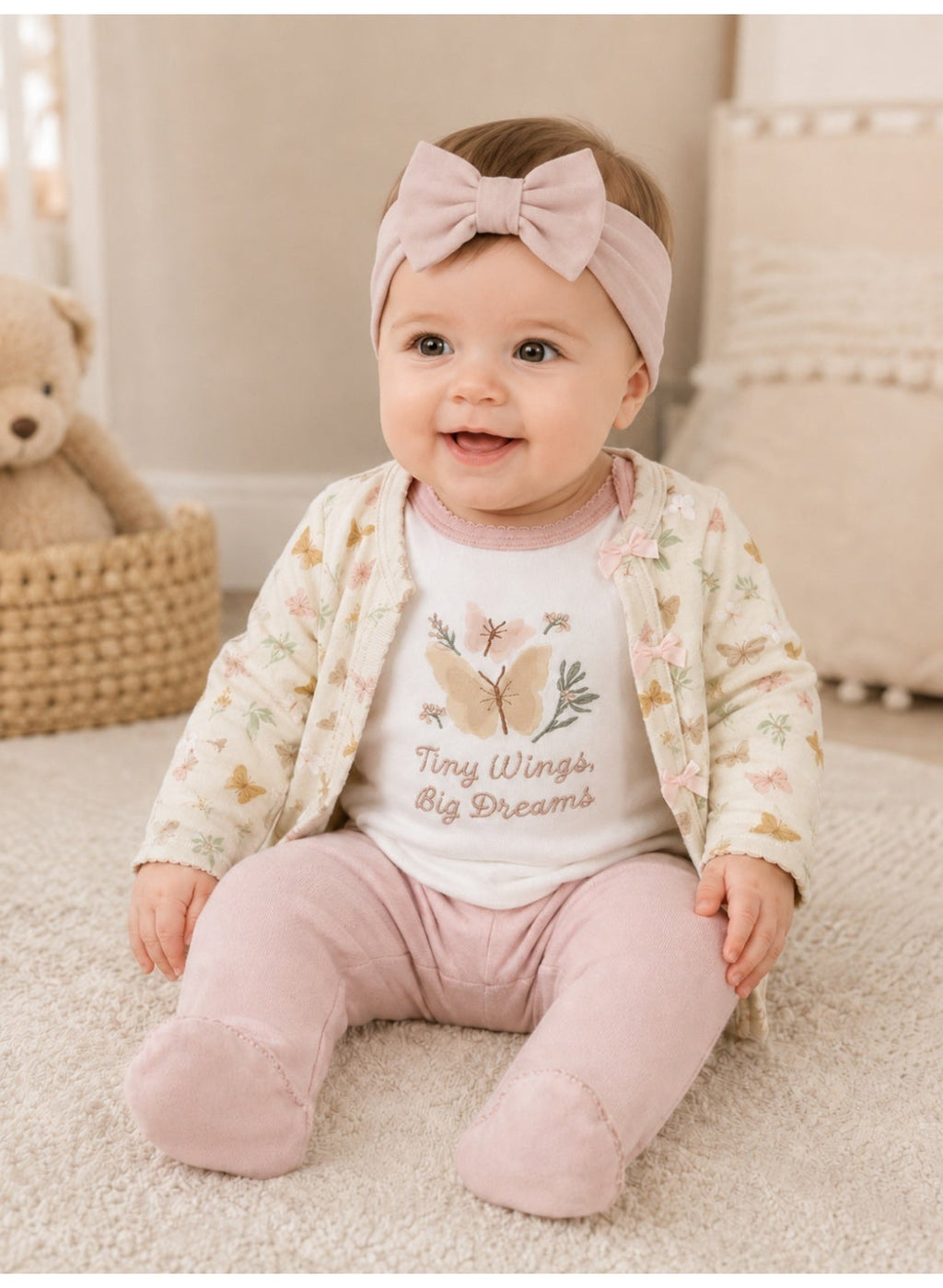 Baby Girls Quilted Wrap Top, Bodysuit & Footed Pants Set with Headband (4-Piece Set)