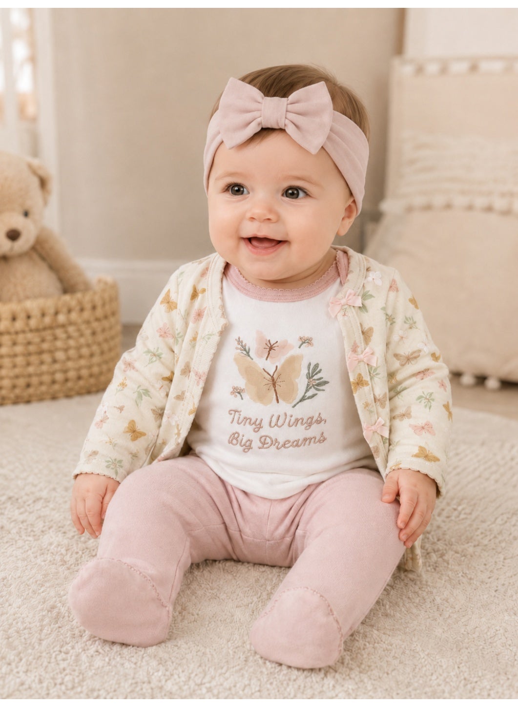 Baby Girls Quilted Wrap Top, Bodysuit & Footed Pants Set with Headband (4-Piece Set)