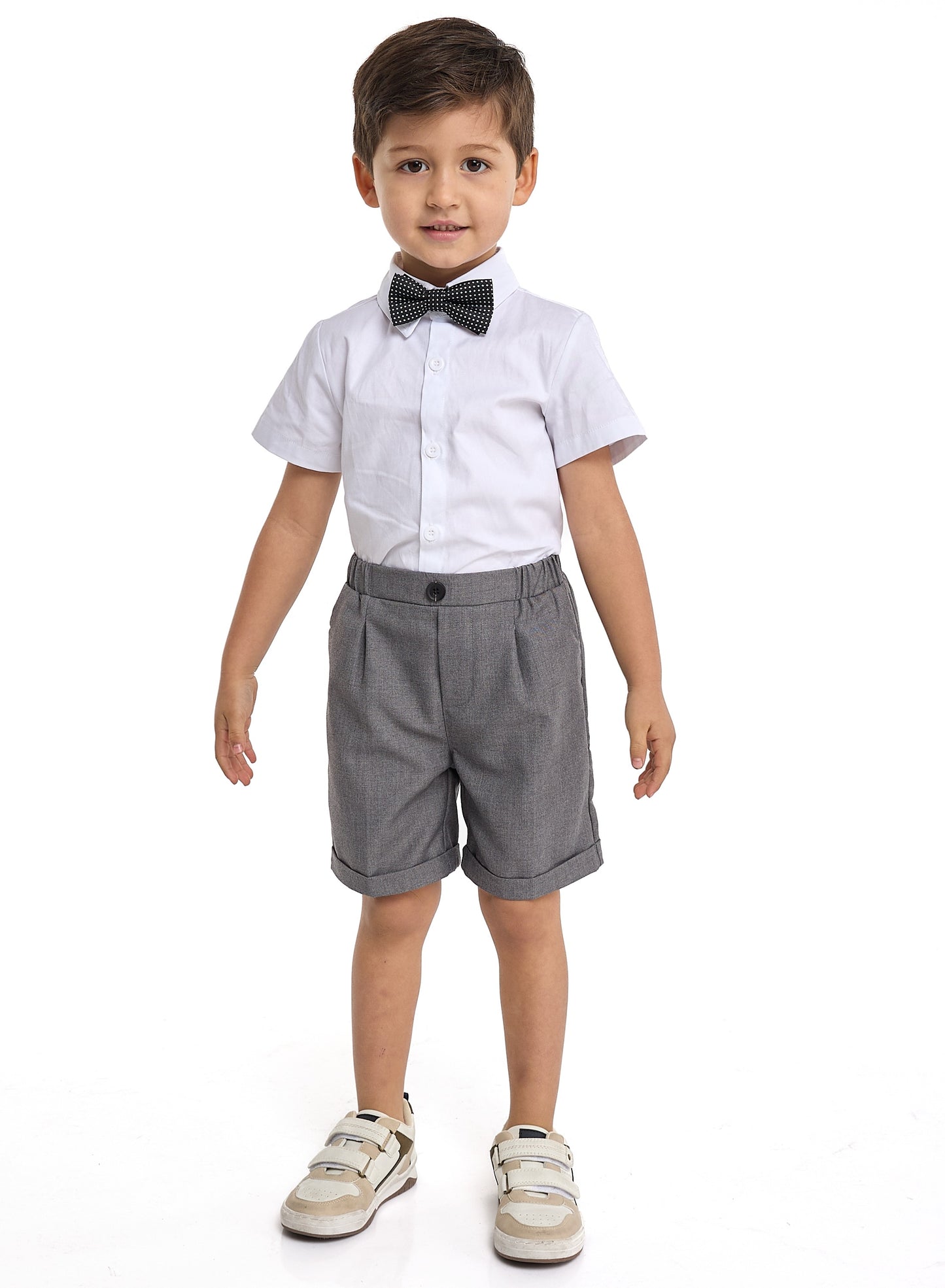 Gray Waistcoat And Short Set With Shirt And Bow Tie