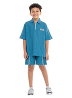 Victor And Jane Boys' Jacquard Set “ Teal 2-Piece Outfit With Pockets, Polo T-Shirt With Half  Zipper And Shorts
