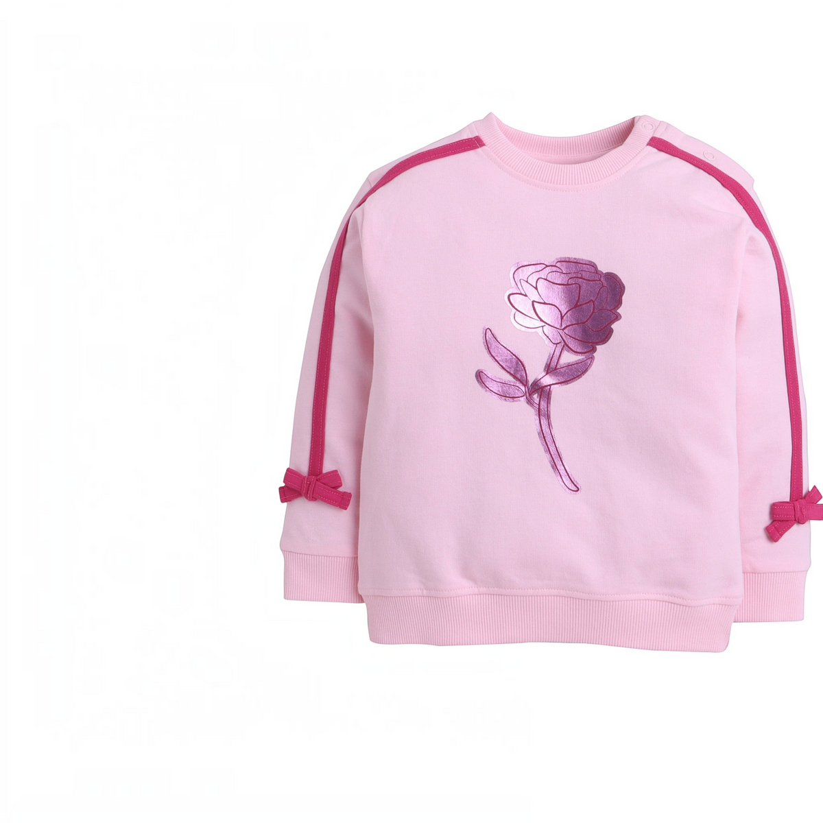 victor and jane light pink girls sweatshirt with metallic rose graphic and side bow details