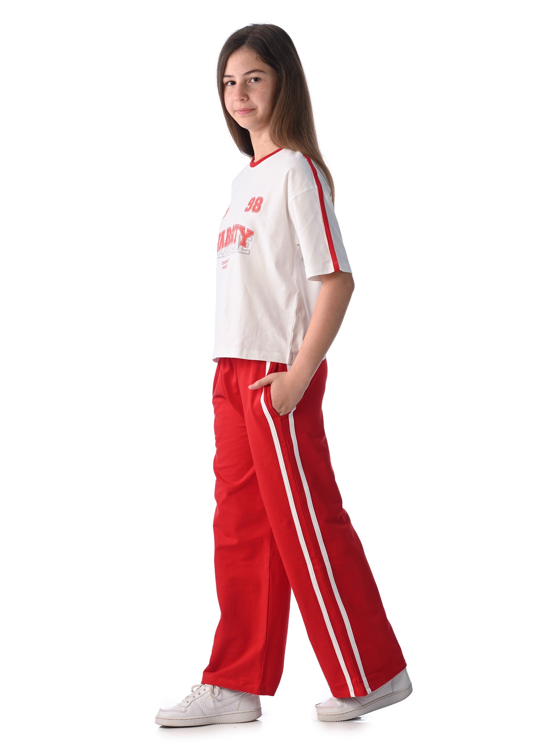 Victor And Jane Girls 2 Pc Set - Embellished Top With Matching Straight Pants With Tape Detail
