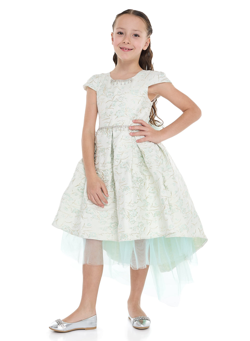 Mint Green/Gold Jacquard High Low Tail Dress With Tulle Mesh