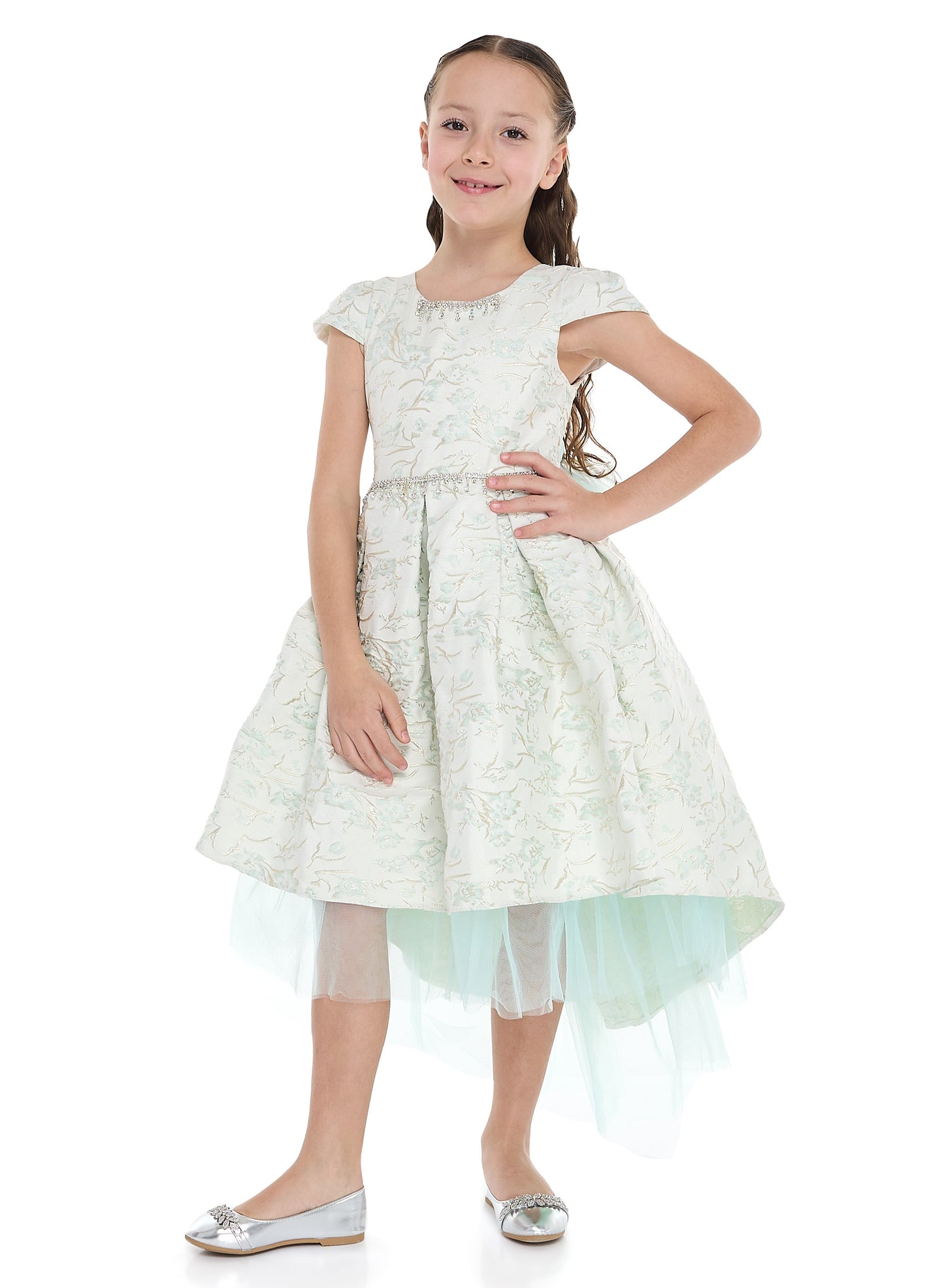 Mint Green/Gold Jacquard High Low Tail Dress With Tulle Mesh