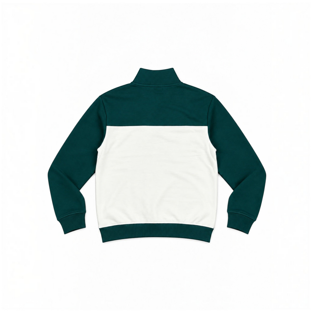 Back view of a victor and jane boys' half zip pullover in dark green and white color-blocked CVC fleece