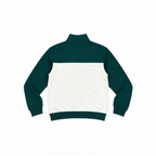 Back view of a victor and jane boys' half zip pullover in dark green and white color-blocked CVC fleece