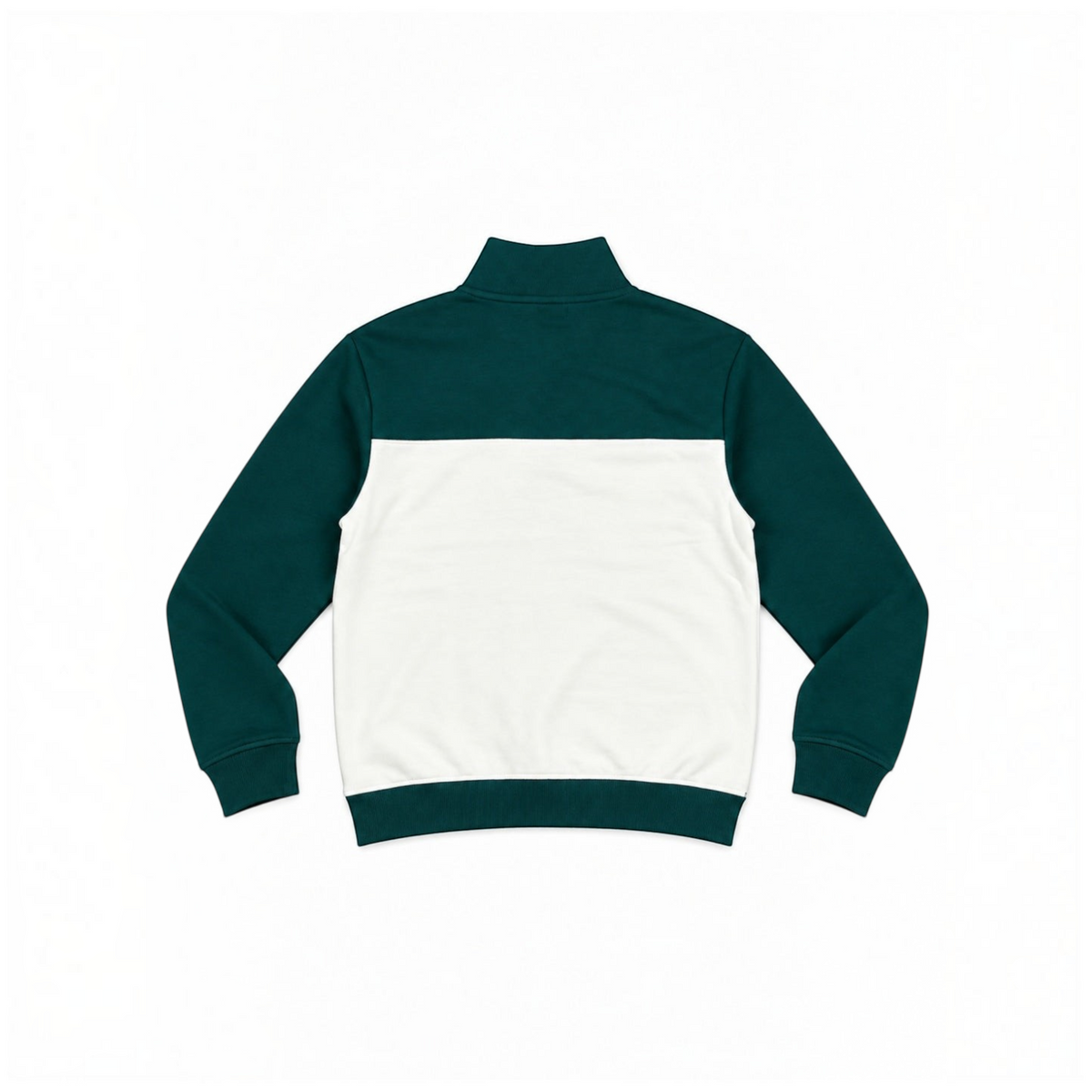 Back view of a victor and jane boys' half zip pullover in dark green and white color-blocked CVC fleece