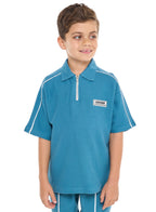 Regular Fit - Boys' Jacquard Teal 2-Piece Set - Half Zipper Polo T-Shirt And Matching Shorts With Pockets,