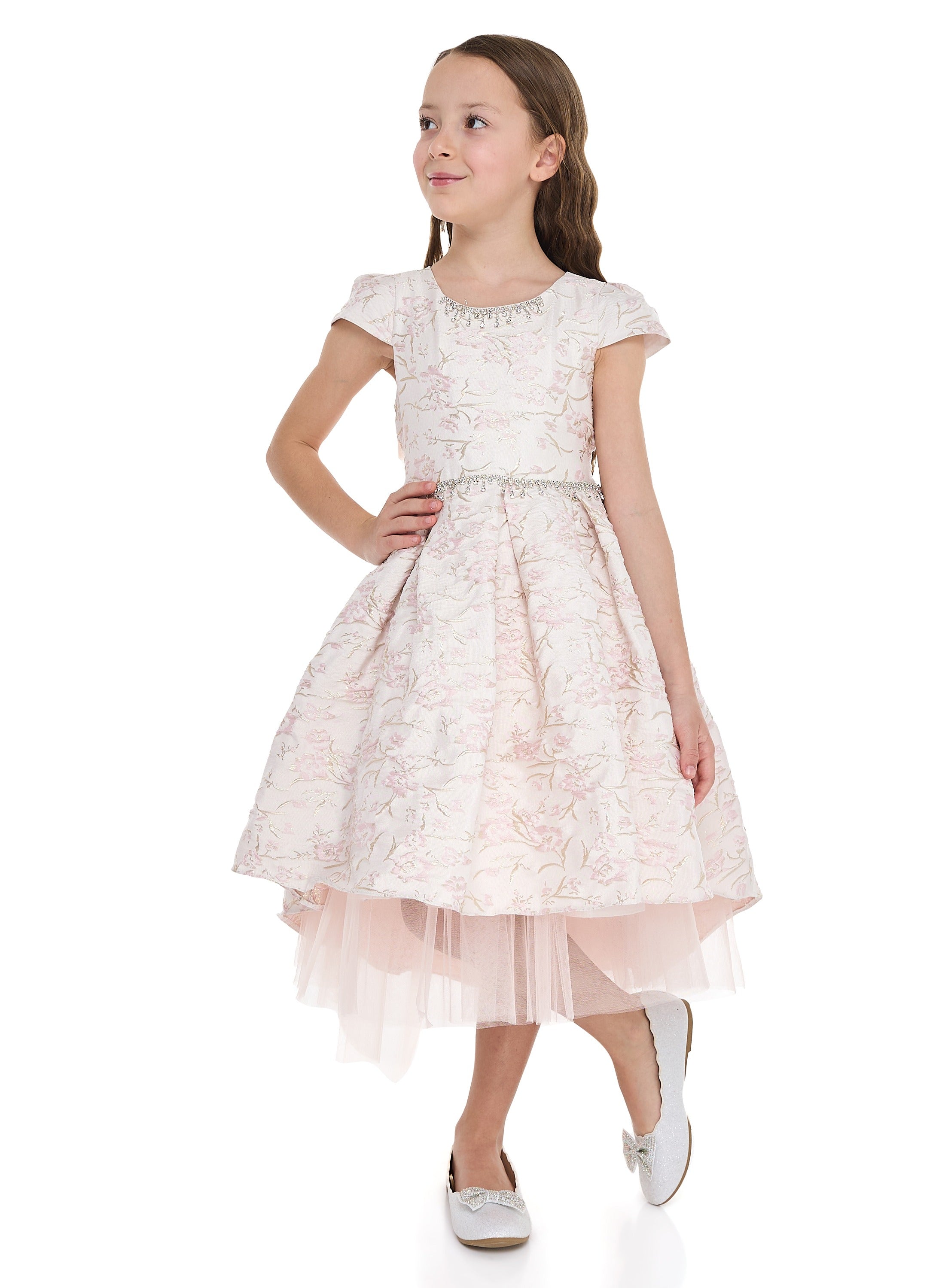 Pink/Gold Jacquard High Low Tail Dres With Tulle Mesh