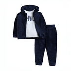 victor and jane infant girls navy glitter 3-piece set with zip-up hoodie, graphic tee, and jogger pants