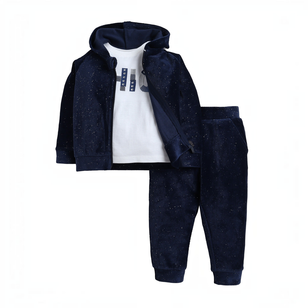 victor and jane infant girls navy glitter 3-piece set with zip-up hoodie, graphic tee, and jogger pants