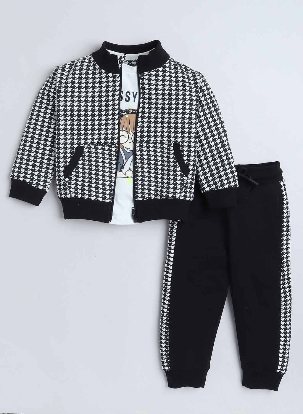 3 Piece Set With Embellished Top And Printed Jacket Set