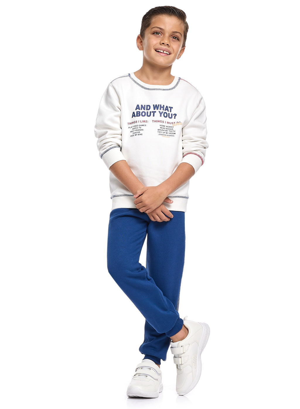 Victor And Jane Cotton You Theme Graphic Full Sleeves Sweatshirt & Joggers Set - White & Navy Blue