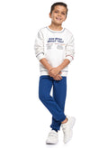 Victor And Jane Cotton You Theme Graphic Full Sleeves Sweatshirt & Joggers Set - White & Navy Blue