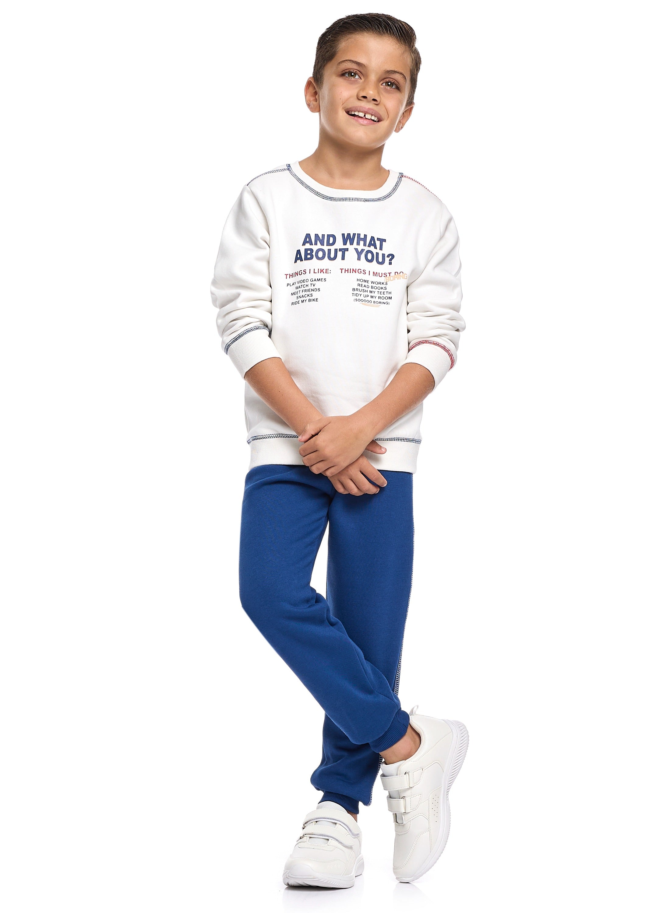 Victor And Jane Cotton You Theme Graphic Full Sleeves Sweatshirt & Joggers Set - White & Navy Blue
