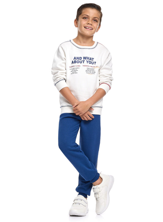 Boys Warm Cotton Fleece Set - White Long Sleeve Top & Navy Joggers