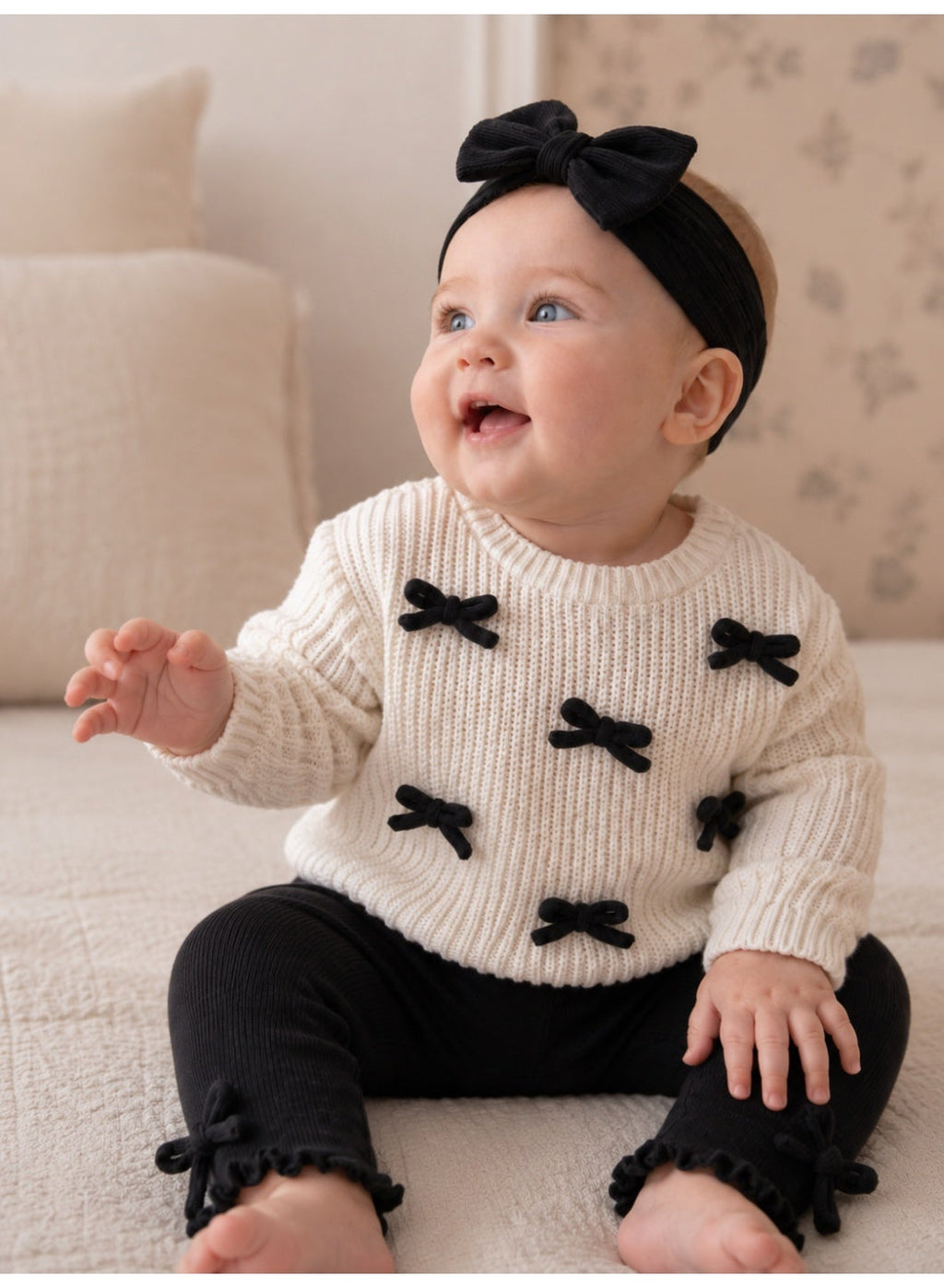 Baby Girls Ribbed sweatshirt & Leggings Set with Ribbon (3-Piece Set)