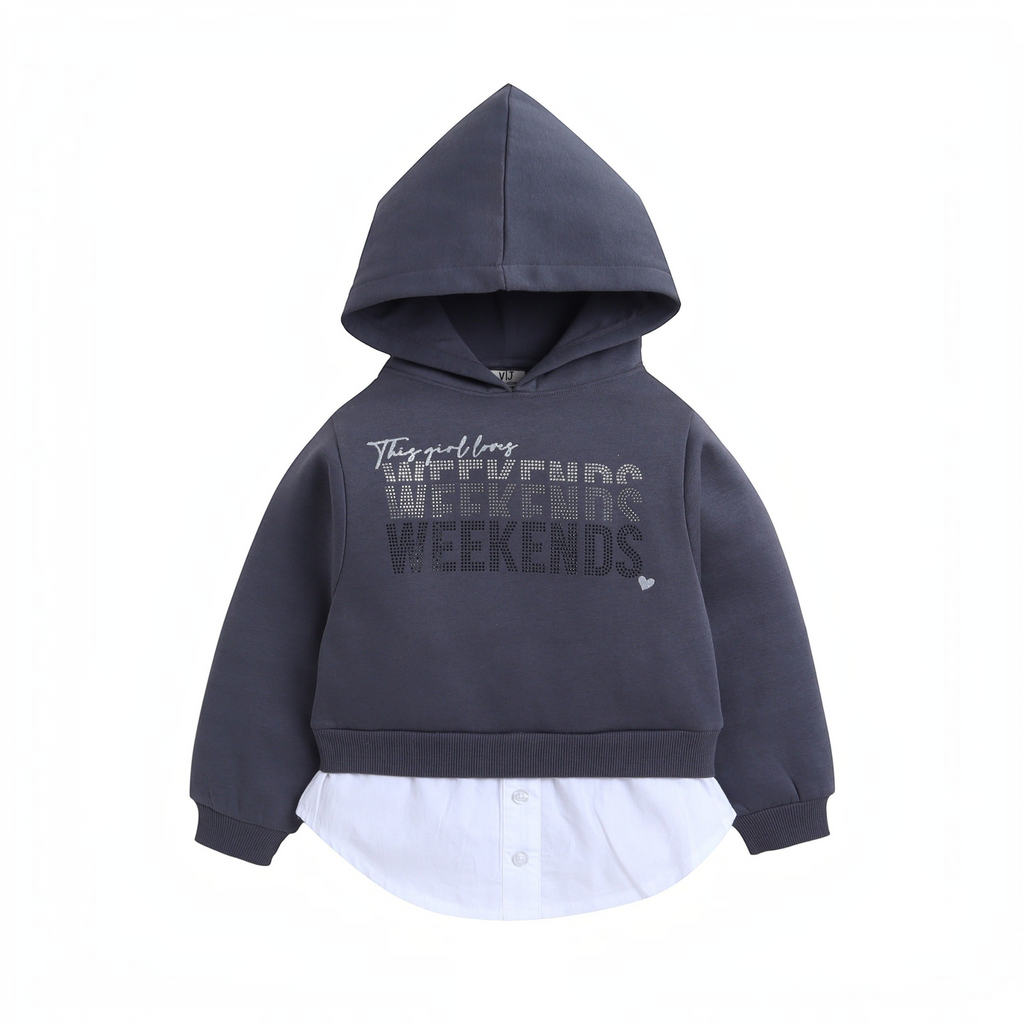 victor and jane dark grey cotton hoodie with layered white shirt hem and rhinestone Weekends graphic print