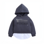 victor and jane dark grey cotton hoodie with layered white shirt hem and rhinestone Weekends graphic print