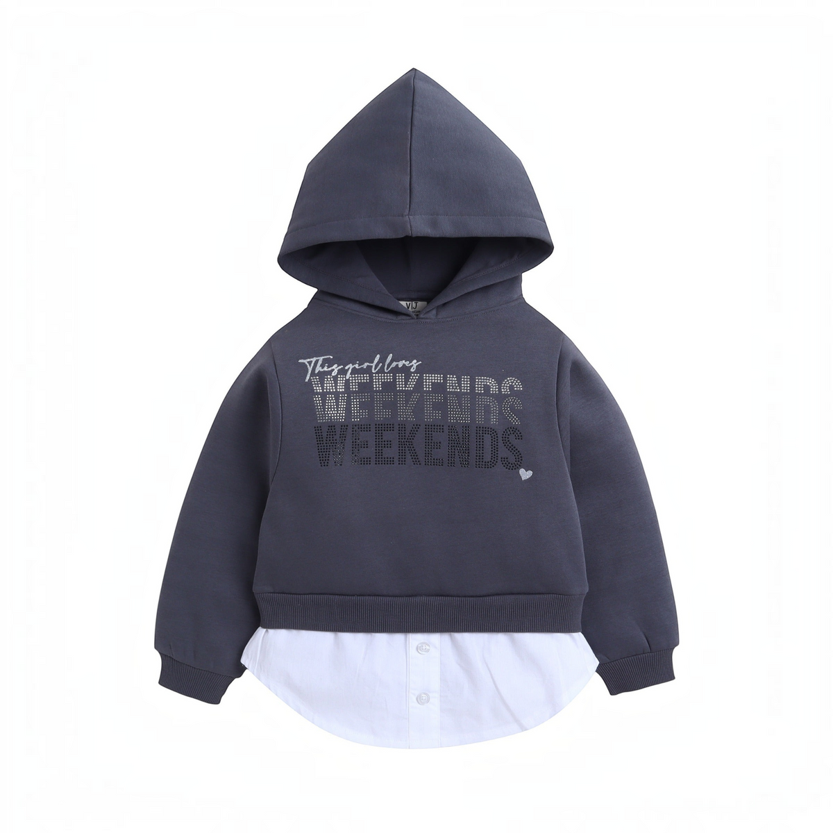 victor and jane dark grey cotton hoodie with layered white shirt hem and rhinestone Weekends graphic print