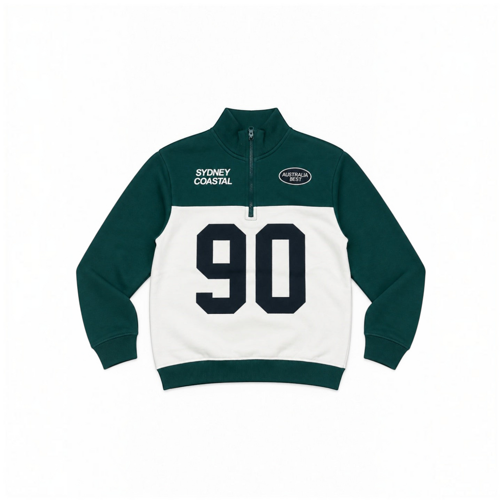 victor and jane boys' green and white half-zip fleece pullover with Sydney Coastal 90 graphic print
