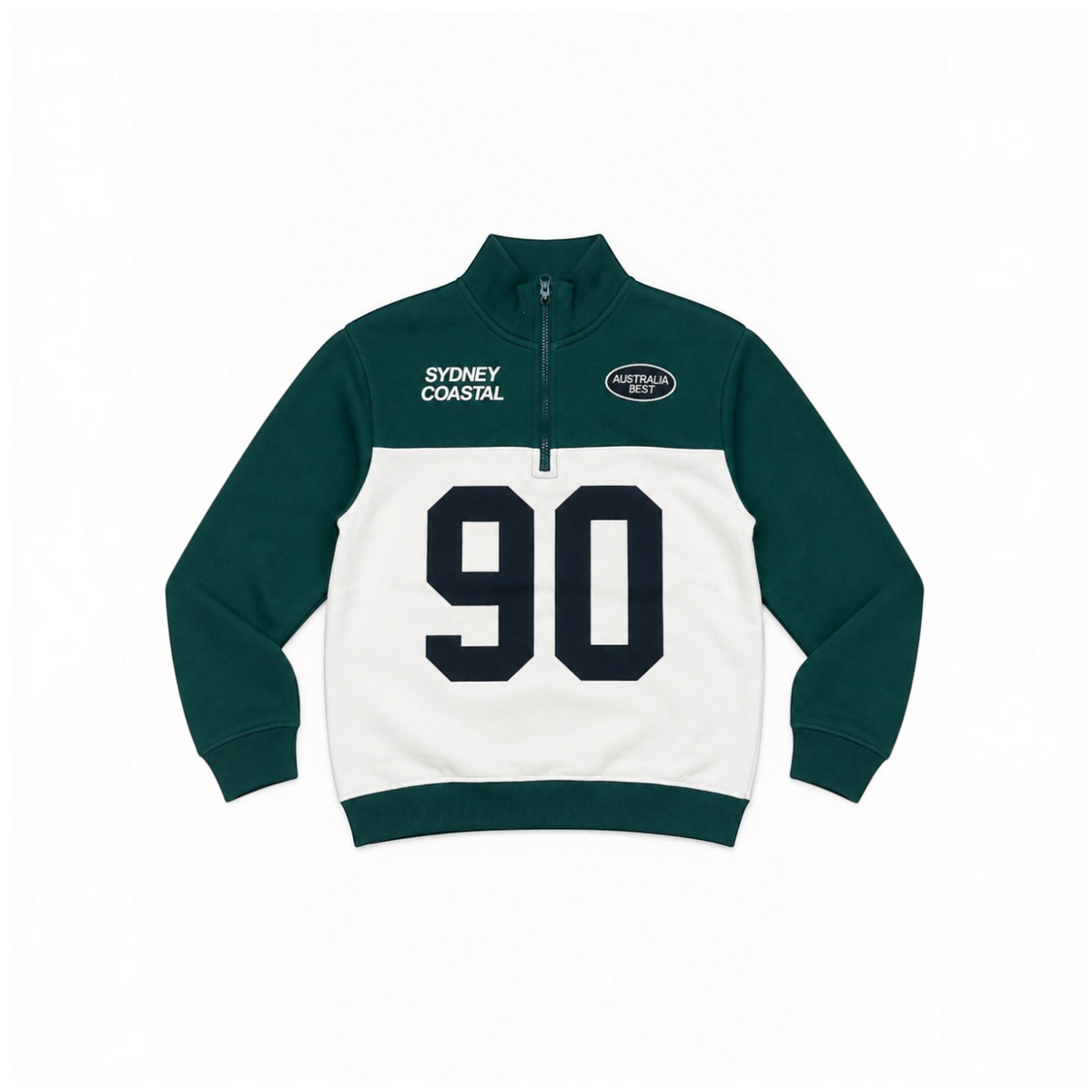 victor and jane boys' green and white half-zip fleece pullover with Sydney Coastal 90 graphic print