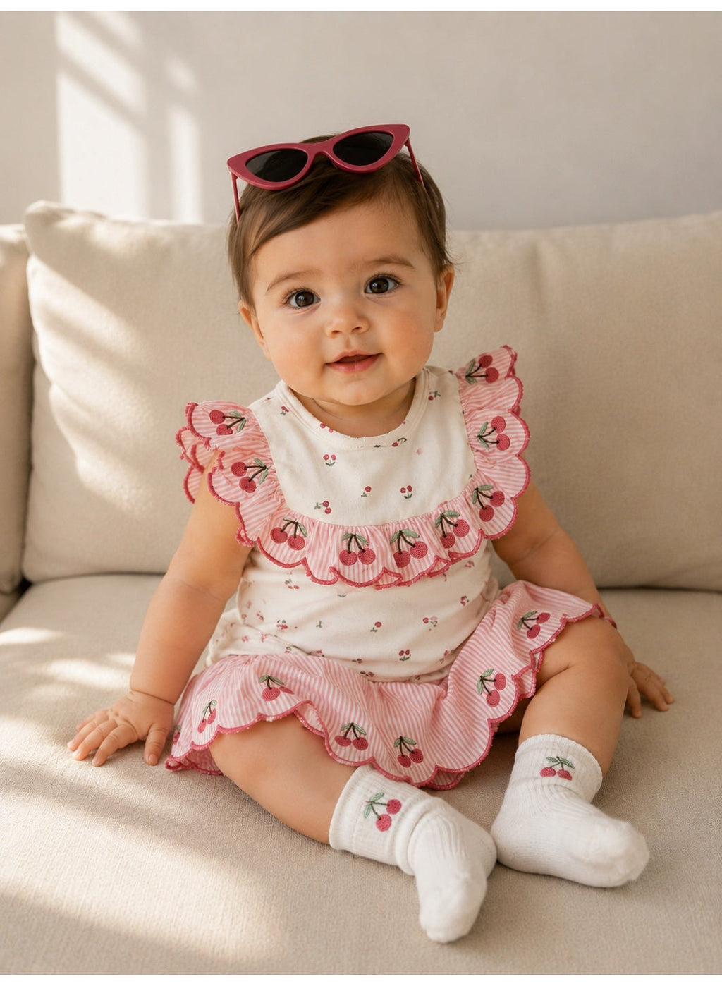 Baby Girls Cherry Print Bodysuit & Skirt Set with Sunglasses & Socks (4-Piece Set)