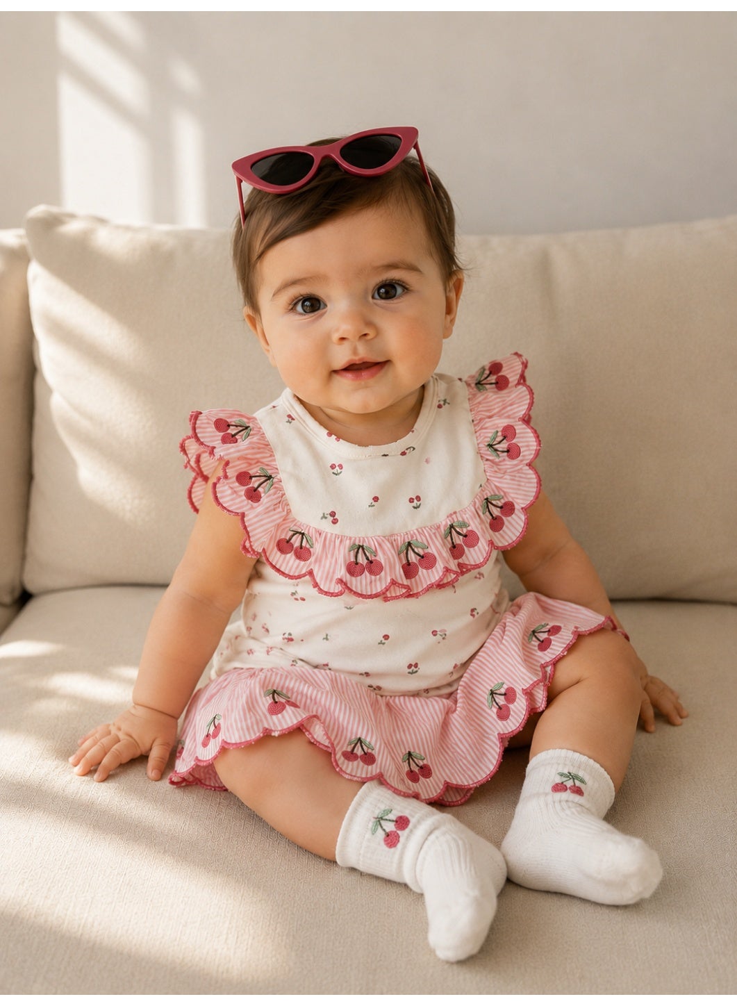 Baby Girls Cherry Print Bodysuit & Skirt Set with Sunglasses & Socks (4-Piece Set)
