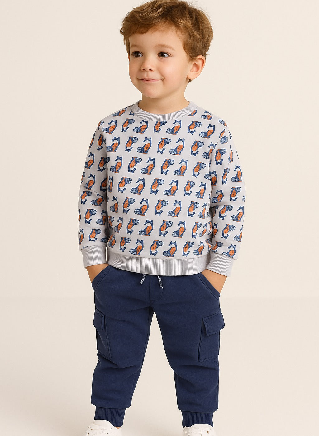 Boys Fox Adventure Fleece Tracksuit – Cream & Navy 2-Piece Set