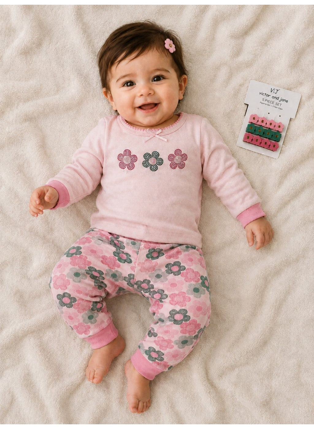 Baby Girls Floral sweatshirt & Jogger Set with 3-Piece Hair Clips