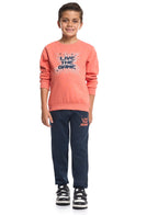 Victor And Jane Cotton Live The Game Graphic Full Sleeves Sweatshirt & Joggers Set - Coral & Navy Blue