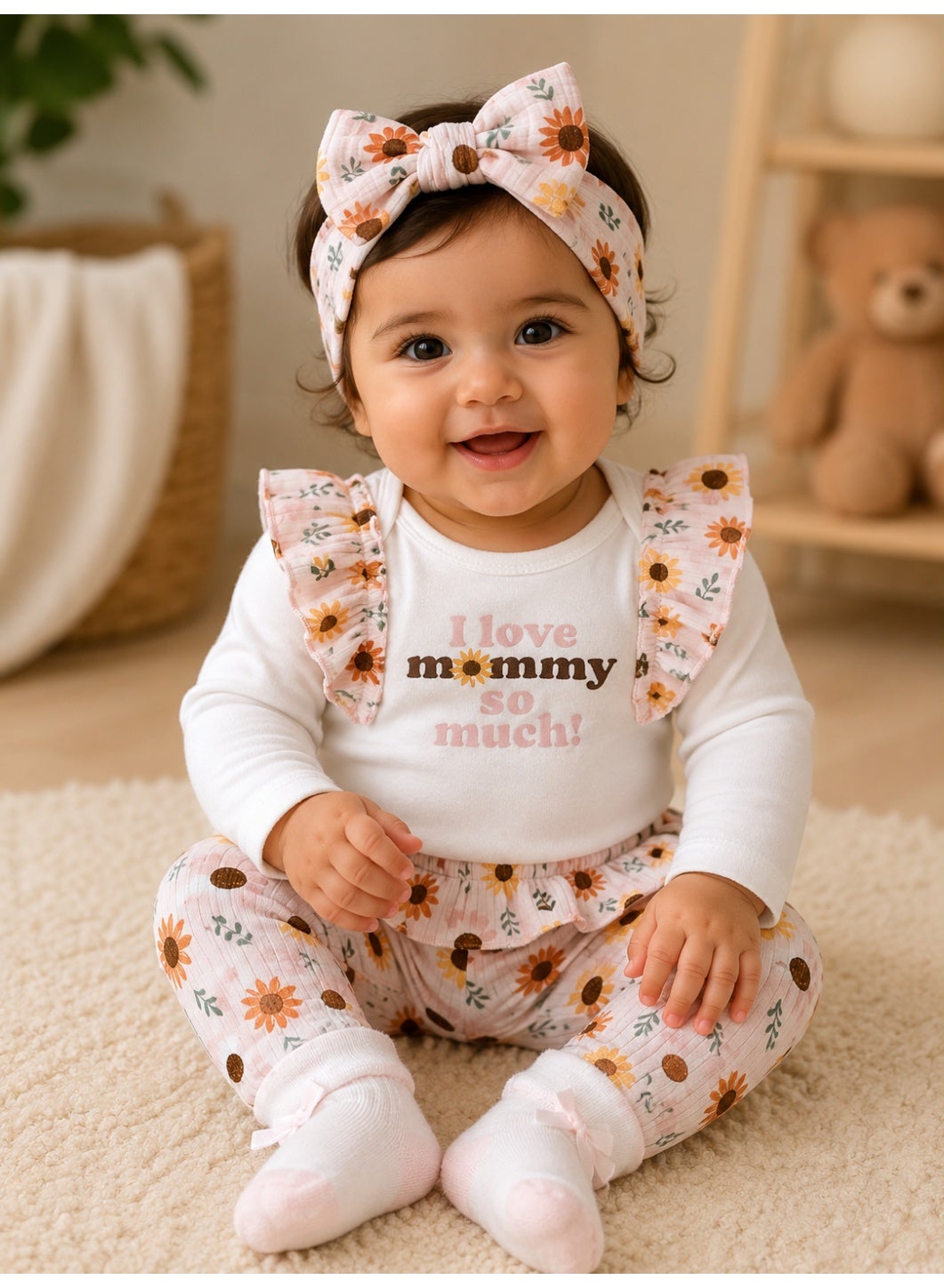 Baby Girls Long Sleeve Bodysuit and Floral Pants Set with Socks and Headband (4-Piece)