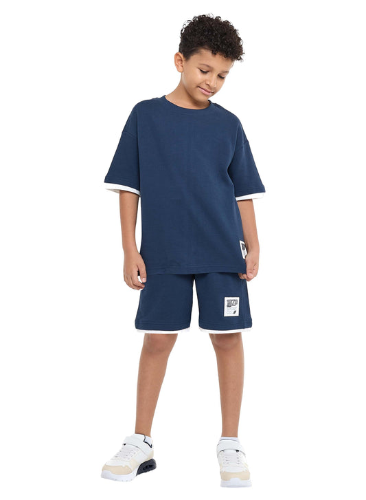 Victor and Jane Boys' Cord Set – Navy T-Shirt and Shorts Outfit with Label Detail