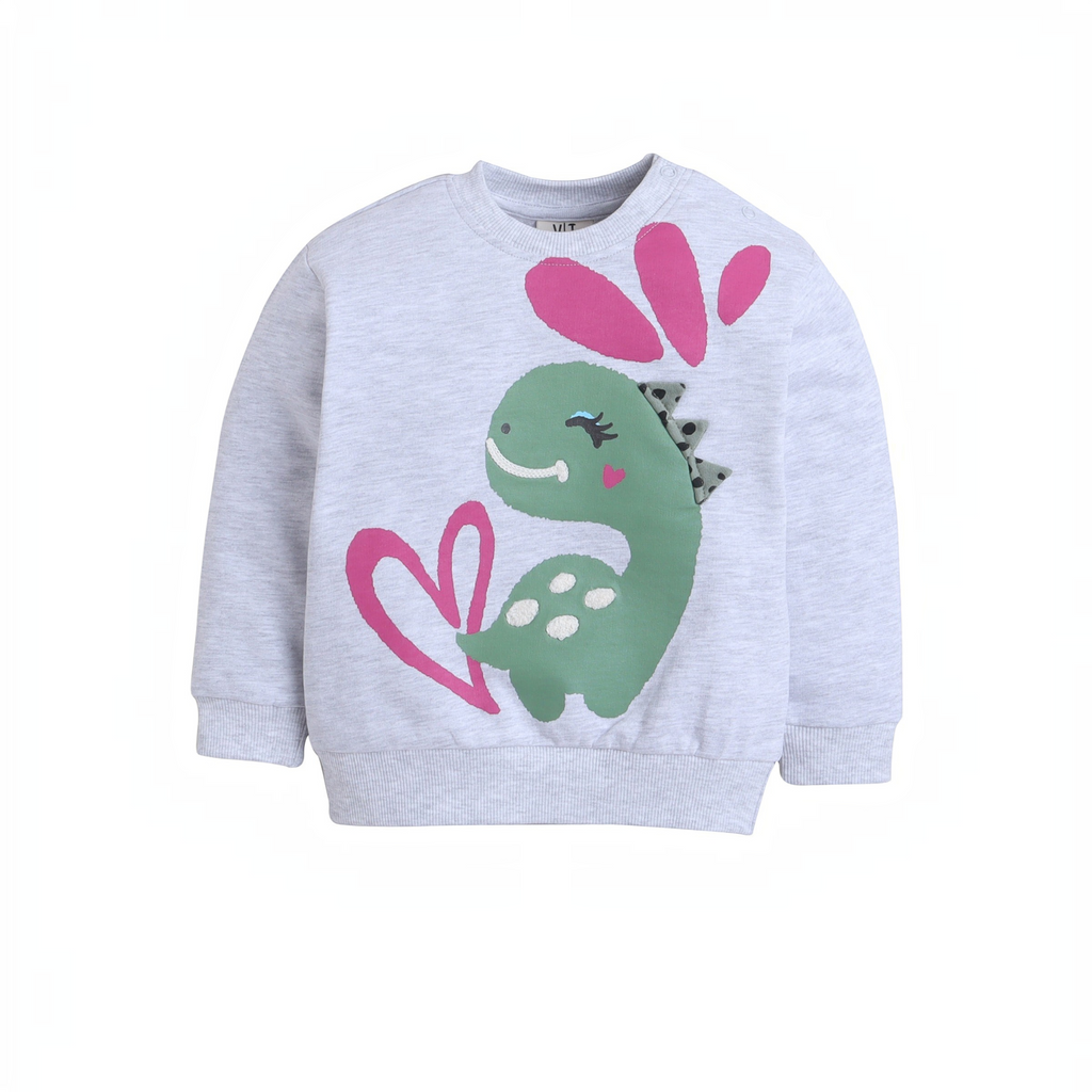 victor and jane light grey girls sweatshirt featuring a cute green dinosaur graphic with pink hearts
