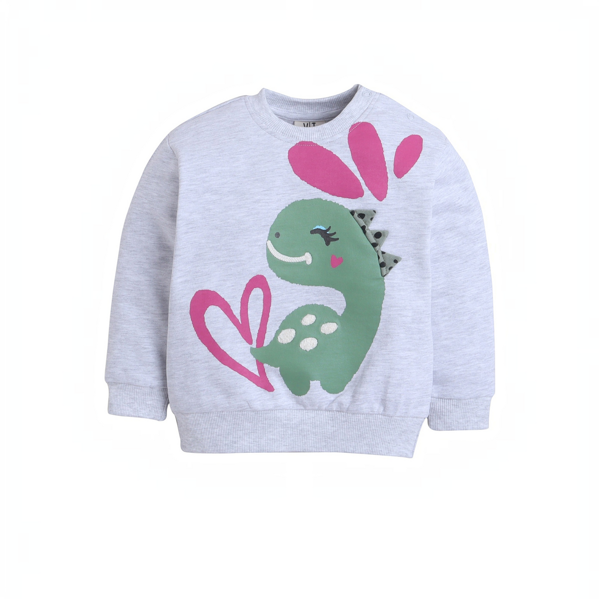 victor and jane light grey girls sweatshirt featuring a cute green dinosaur graphic with pink hearts