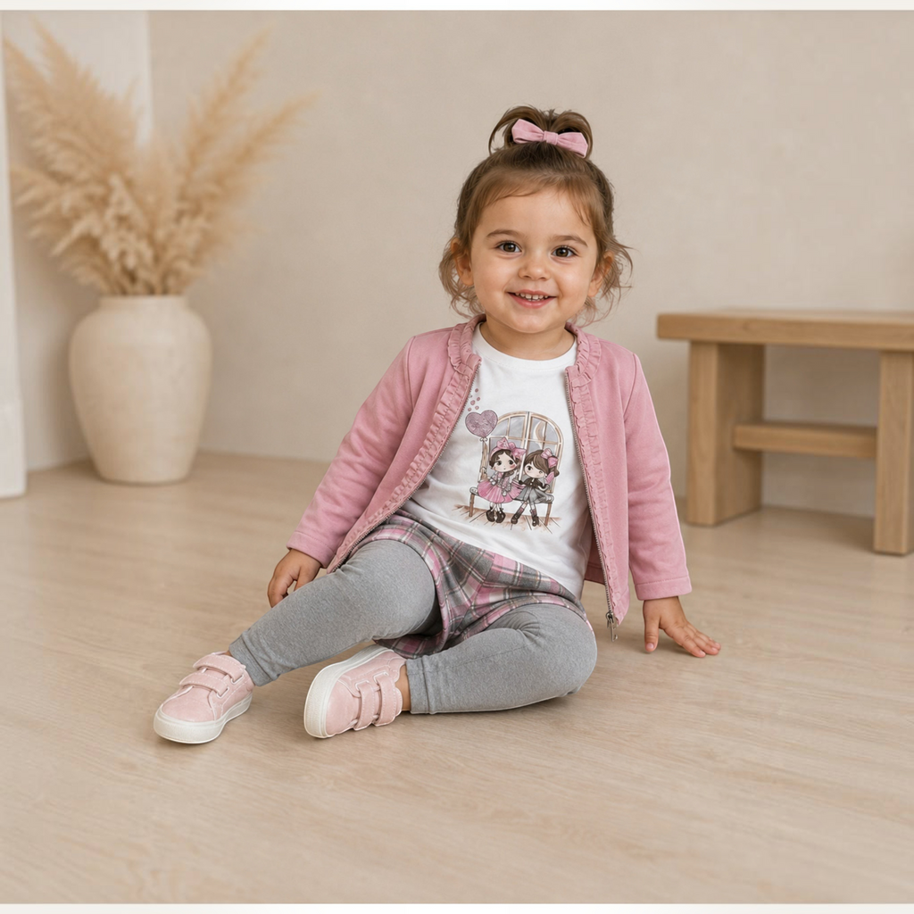 victor and jane girls 4-piece set featuring a pink cardigan, graphic top, check skirt, and grey leggings on a toddler