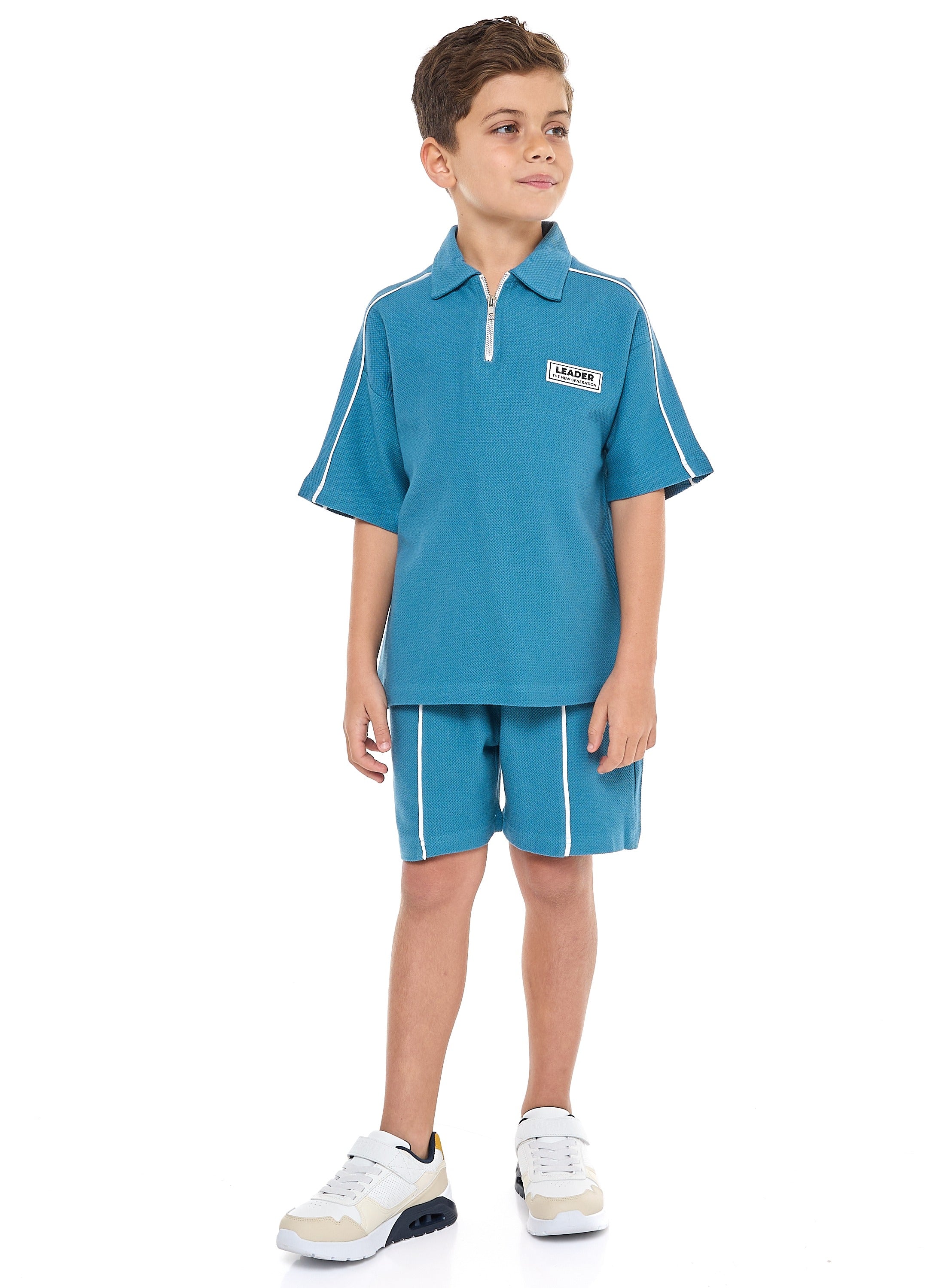 Regular Fit - Boys' Jacquard Teal 2-Piece Set - Half Zipper Polo T-Shirt And Matching Shorts With Pockets,