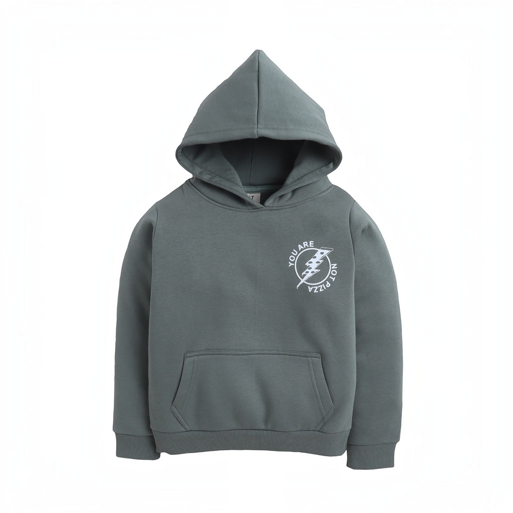 victor and jane boys olive green hoodie with a white lightning bolt graphic print and front kangaroo pocket